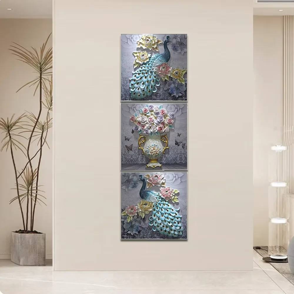 孔雀 三联 装饰画 现代简约 客厅背景墙挂画 砂岩浮雕