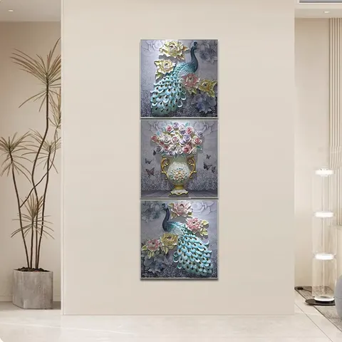 孔雀 三联 装饰画 现代简约 客厅背景墙挂画 砂岩浮雕