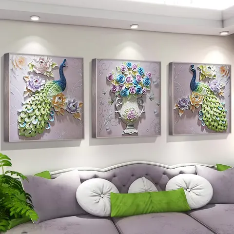 孔雀 三联 装饰画 现代简约 客厅背景墙挂画 砂岩浮雕