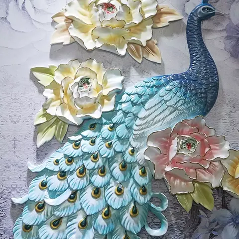 孔雀 三联 装饰画 现代简约 客厅背景墙挂画 砂岩浮雕