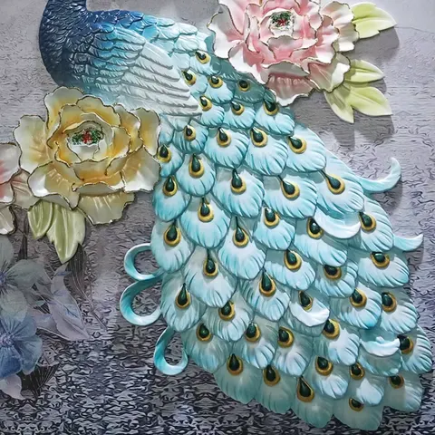 孔雀 三联 装饰画 现代简约 客厅背景墙挂画 砂岩浮雕