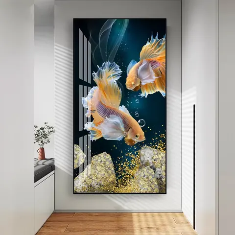 锦鲤 单幅 装饰画 轻奢风 玄关背景墙挂画 晶瓷画