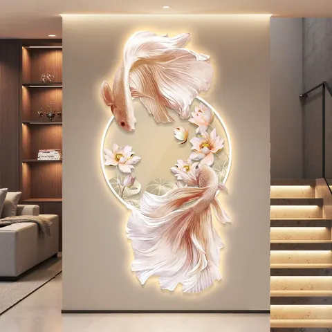锦鲤 单幅 装饰画 现代简约 客厅背景墙挂画 LED带灯画