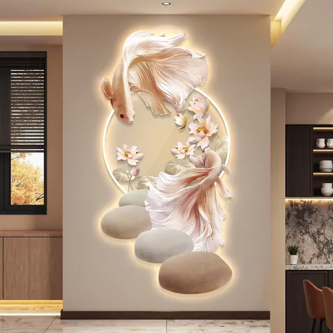锦鲤 单幅 装饰画 现代简约 客厅背景墙挂画 LED带灯画
