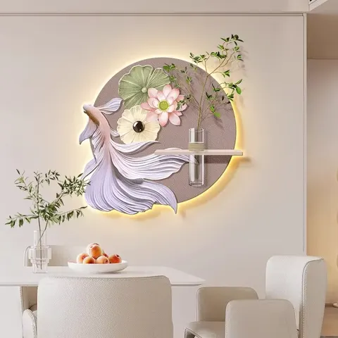 锦鲤 单幅 装饰画 现代简约 餐厅背景墙挂画 LED带灯画