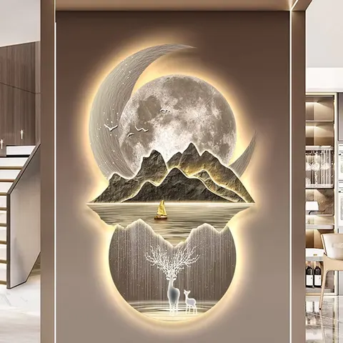 山水 单幅 装饰画 现代简约 客厅背景墙挂画 LED带灯画