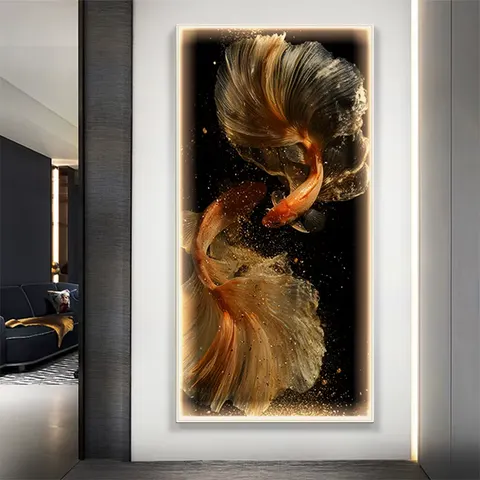 锦鲤 单幅 装饰画 轻奢风 玄关背景墙挂画 LED带灯画