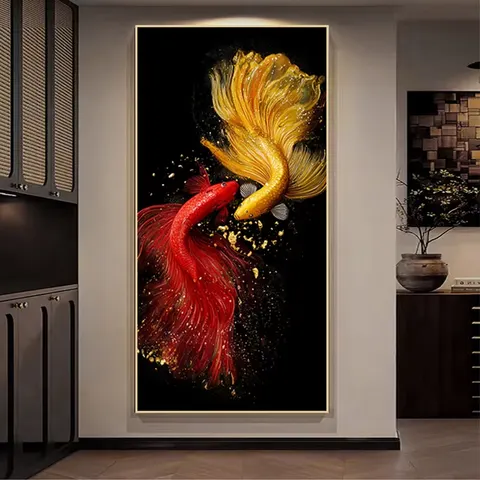 锦鲤 单幅 装饰画 轻奢风 玄关背景墙挂画 LED带灯画