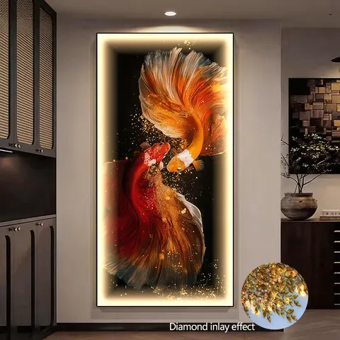 锦鲤 单幅 装饰画 轻奢风 玄关背景墙挂画 LED带灯画