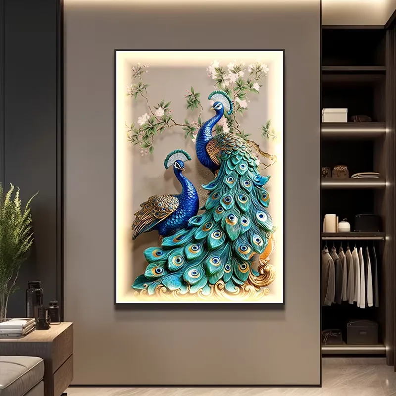 孔雀 单幅 装饰画 现代简约 玄关背景墙挂画 LED带灯画