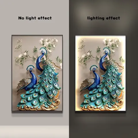 孔雀 单幅 装饰画 现代简约 玄关背景墙挂画 LED带灯画