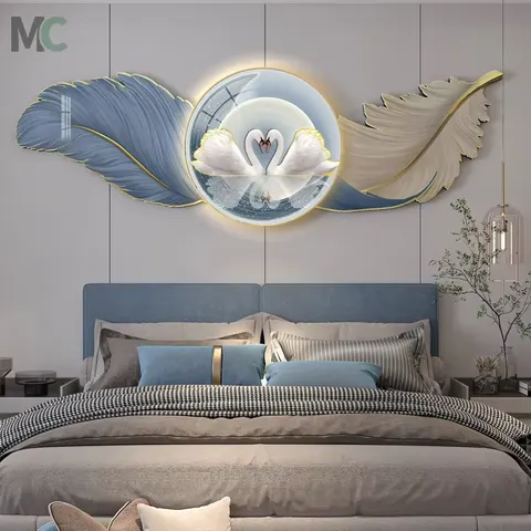 羽毛 单幅 装饰画 轻奢风 卧室背景墙挂画 LED带灯画