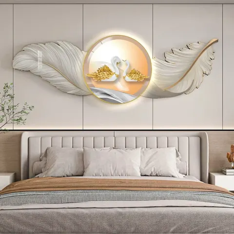 羽毛 单幅 装饰画 轻奢风 卧室背景墙挂画 LED带灯画
