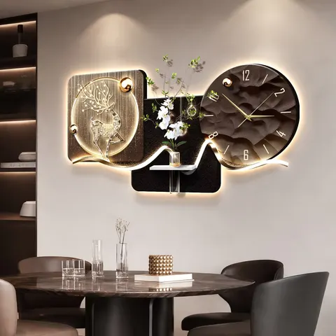 挂钟组合 单幅 装饰画 现代简约 餐厅背景墙挂画 LED带灯画