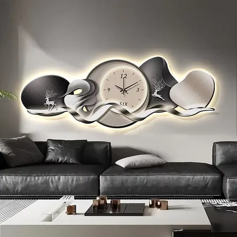 挂钟组合 单幅 装饰画 轻奢风 客厅背景墙挂画 LED带灯画