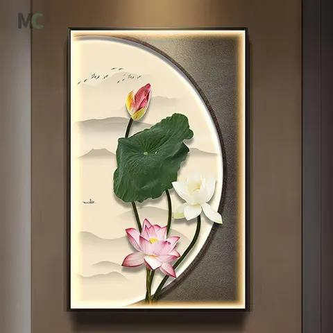 荷花 单幅 装饰画 现代简约 玄关背景墙挂画 LED带灯画