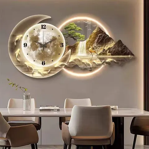 山水 单幅 装饰画 轻奢风 餐厅背景墙挂画 挂钟