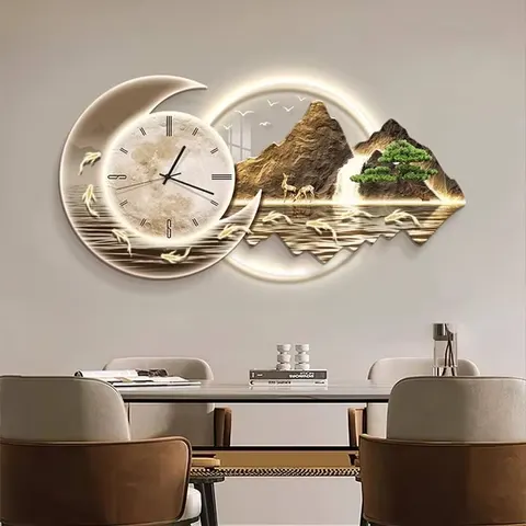 山水 单幅 装饰画 轻奢风 餐厅背景墙挂画 挂钟