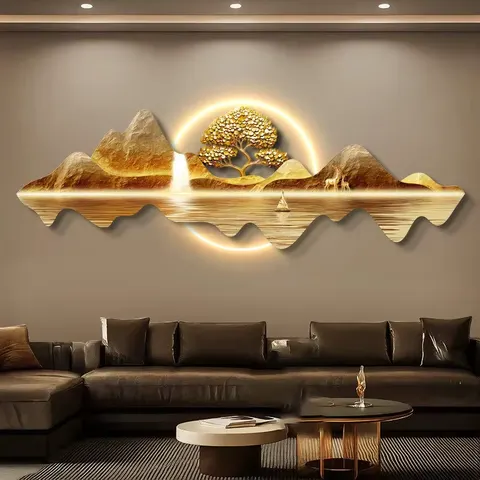 山水 单幅 装饰画 轻奢风 客厅背景墙挂画 LED带灯画