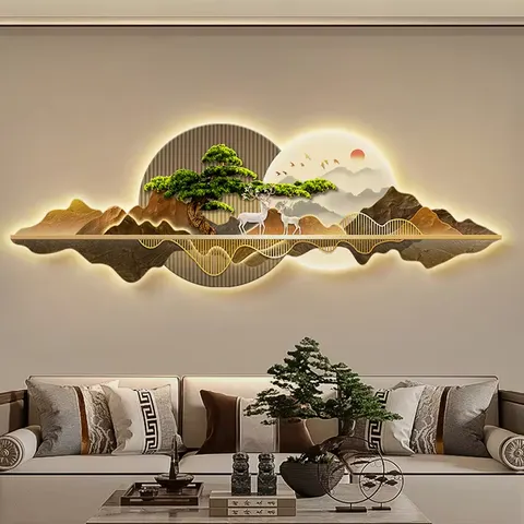 山水 单幅 装饰画 轻奢风 客厅背景墙挂画 LED带灯画