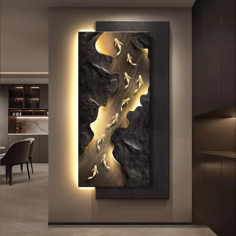 锦鲤 单幅 装饰画 轻奢风 玄关背景墙挂画 LED带灯画