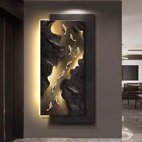 锦鲤 单幅 装饰画 轻奢风 玄关背景墙挂画 LED带灯画