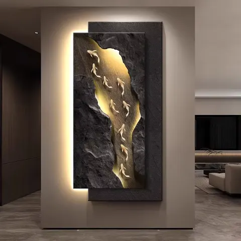 锦鲤 单幅 装饰画 轻奢风 玄关背景墙挂画 LED带灯画