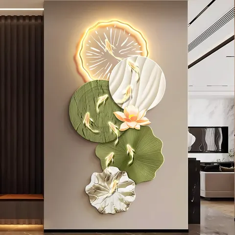 锦鲤 单幅 装饰画 轻奢风 玄关背景墙挂画 LED带灯画