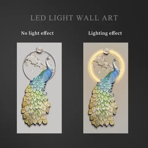 孔雀 单幅 装饰画 轻奢风 客厅背景墙挂画 LED带灯画