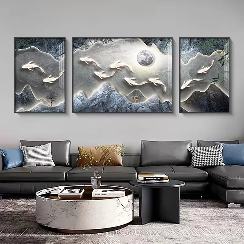 抽象 三联 装饰画 轻奢风 客厅背景墙挂画 晶瓷画