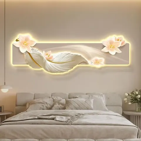 羽毛 单幅 装饰画 现代简约 卧室背景墙挂画 LED带灯画