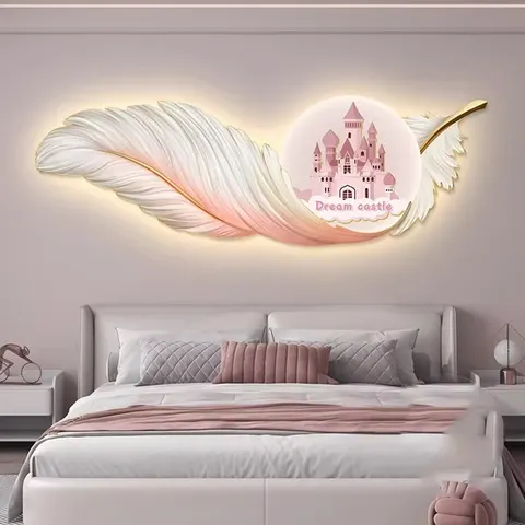 羽毛 单幅 装饰画 轻奢风 卧室背景墙挂画 LED带灯画