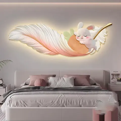 羽毛 单幅 装饰画 轻奢风 卧室背景墙挂画 LED带灯画