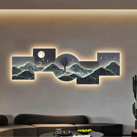 山水 单幅 装饰画 轻奢风 客厅背景墙挂画 LED带灯画