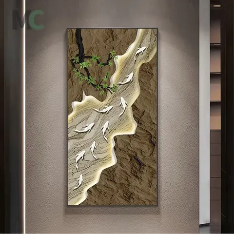 锦鲤 单幅 装饰画 轻奢风 玄关背景墙挂画 晶瓷画