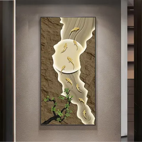 锦鲤 单幅 装饰画 轻奢风 玄关背景墙挂画 晶瓷画