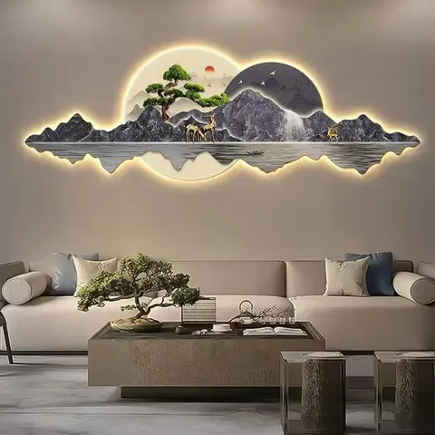 山水 单幅 装饰画 轻奢风 客厅背景墙挂画 LED带灯画