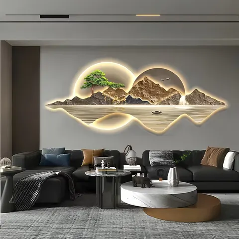 山水 单幅 装饰画 现代简约 客厅背景墙挂画 LED带灯画