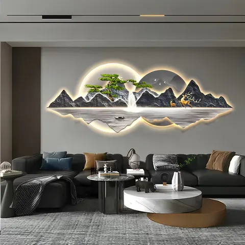 山水 单幅 装饰画 现代简约 客厅背景墙挂画 LED带灯画