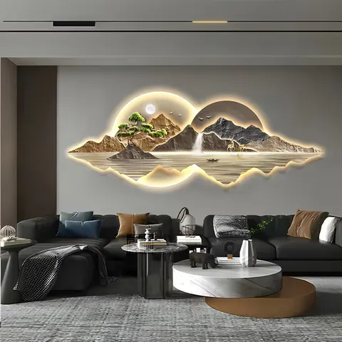 山水 单幅 装饰画 现代简约 客厅背景墙挂画 LED带灯画