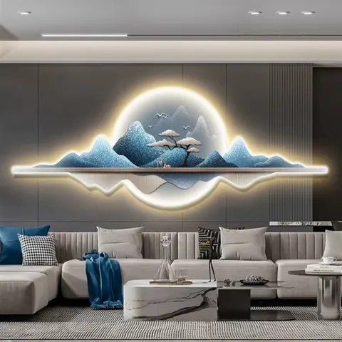 山水 单幅 装饰画 现代简约 玄关背景墙挂画 LED带灯画