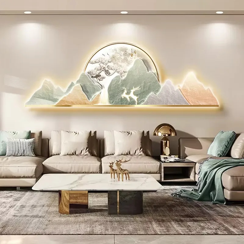 山水 单幅 装饰画 轻奢风 酒店背景墙挂画 LED带灯画