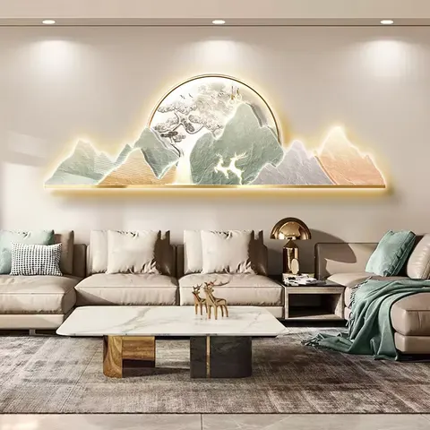 山水 单幅 装饰画 轻奢风 酒店背景墙挂画 LED带灯画