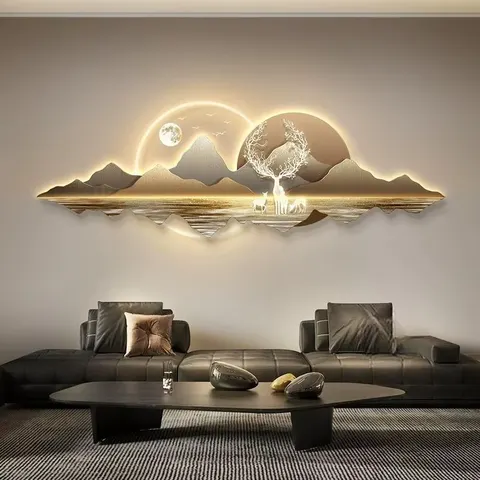 山水 单幅 装饰画 轻奢风 客厅背景墙挂画 LED带灯画