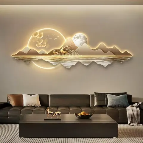 山水 单幅 装饰画 轻奢风 客厅背景墙挂画 LED带灯画