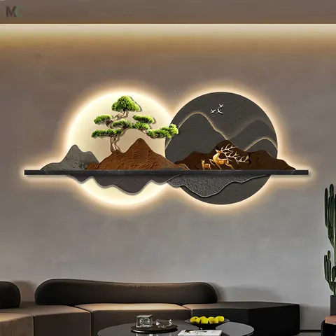 抽象 单幅 装饰画 新中式 客厅背景墙挂画 LED带灯画