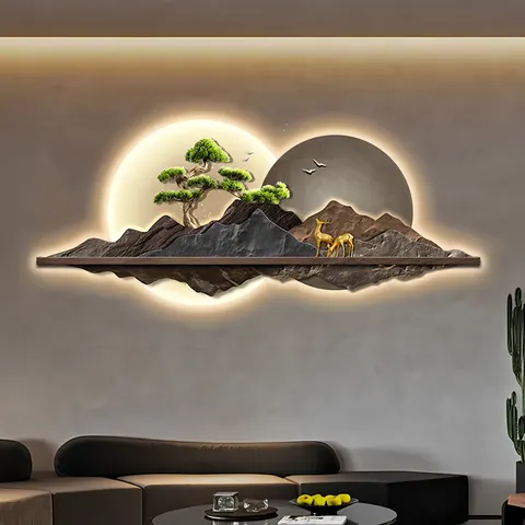 抽象 单幅 装饰画 新中式 客厅背景墙挂画 LED带灯画