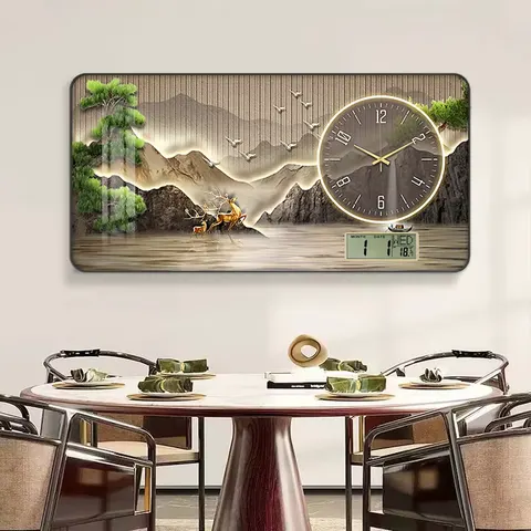 山水 单幅 装饰画 新中式 餐厅背景墙挂画 挂钟