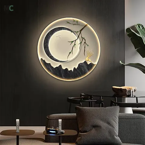 抽象 单幅 装饰画 新中式 餐厅背景墙挂画 LED带灯画