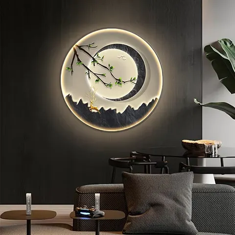 抽象 单幅 装饰画 新中式 餐厅背景墙挂画 LED带灯画